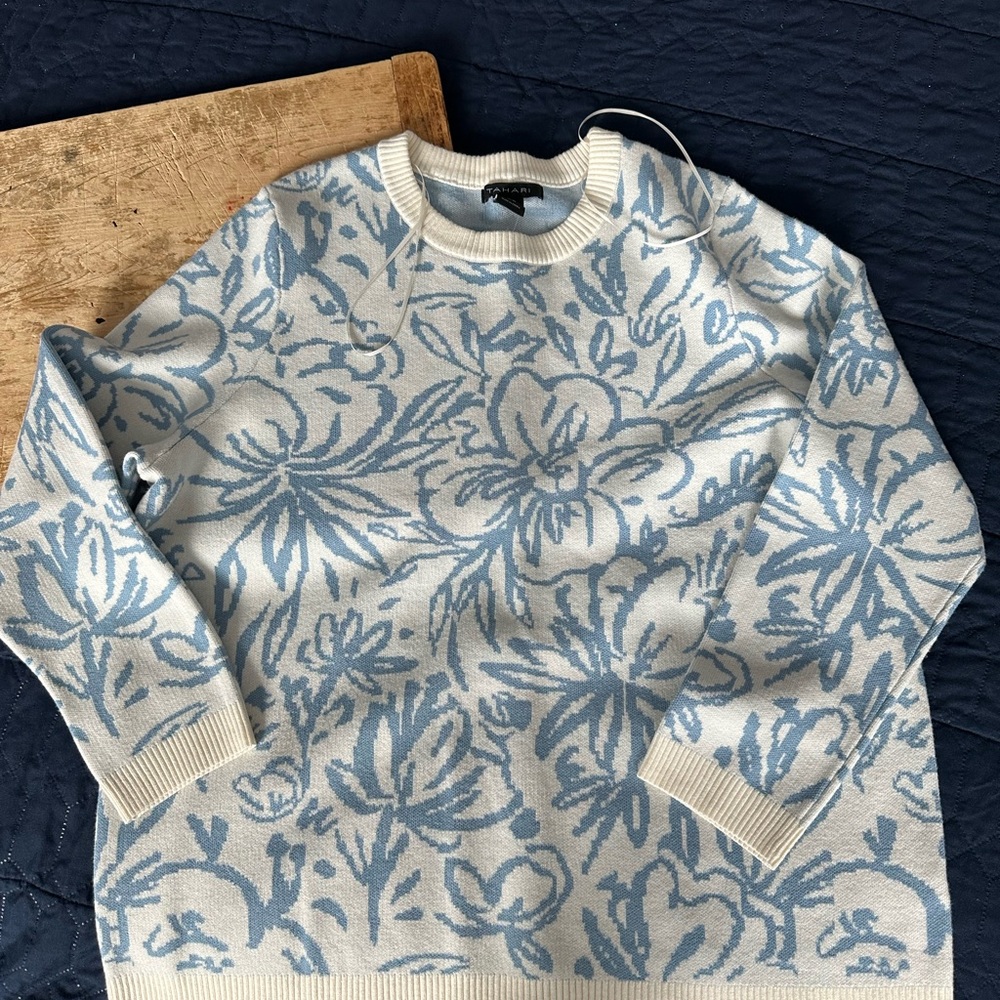 Tahari Floral Crewneck Sweater - Blue and Cream-New w/ Tags
